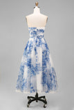 White Blue Flower Strapless A-Line Ruched Midi Wedding Guest Dress