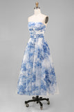 White Blue Flower Strapless A-Line Ruched Midi Wedding Guest Dress