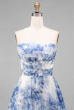 White Blue Flower Strapless A-Line Ruched Midi Wedding Guest Dress