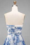 White Blue Flower Strapless A-Line Ruched Midi Wedding Guest Dress