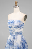 White Blue Flower Strapless A-Line Ruched Midi Wedding Guest Dress