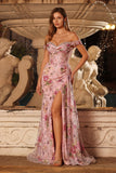 Off The Shoulder Pink Sequins Corset Mermaid Long Prom Dress with Slit