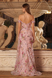 Off The Shoulder Pink Sequins Corset Mermaid Long Prom Dress with Slit