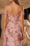 Off The Shoulder Pink Sequins Corset Mermaid Long Prom Dress with Slit