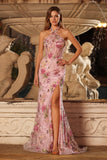 Pink Mermaid Halter Sequins Corset Long Prom Dress with Slit