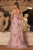Pink Floral A-Line Off The Shoulder Sequin Long Prom Dress with Slit