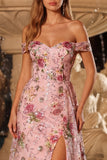 Pink Floral A-Line Off The Shoulder Sequin Long Prom Dress with Slit