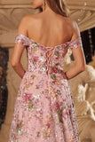 Pink Floral A-Line Off The Shoulder Sequin Long Prom Dress with Slit
