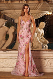 Sparkly Pink Mermaid Sequins Open Back Long Prom Dress with Slit