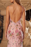Sparkly Pink Mermaid Sequins Open Back Long Prom Dress with Slit