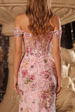 Pink Sheer Corset Off The Shoulder Sequin Mermaid Long Prom Dress with Slit