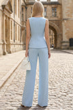 2 Piece V-Neck Sky Blue Sleeveless Women's Work Suits