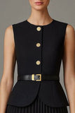 Black Pleated A Line 2 Piece Round Neck Midi Work Dress
