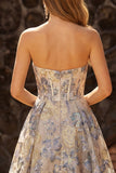 Dusty Blue Jacquard A Line Corset Strapless Long Prom Dress with Slit