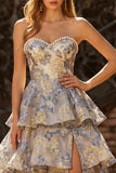 Dusty Blue Jacquard Pearl Strapless A Line Long Tiered Prom Dress with Slit
