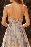 Dusty Blue Jacquard Spaghetti Straps A Line Corset Long Prom Dress with Slit