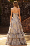 Dusty Blue Spaghetti Straps Jacquard Ruffled A Line Corset Long Prom Dress with Slit