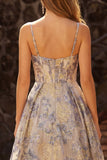 Dusty Blue Spaghetti Straps Jacquard Ruffled A Line Corset Long Prom Dress with Slit