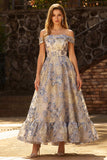 Dusty Blue Off the Shoulder Jacquard A Line Corset Prom Dress