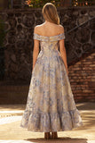 Dusty Blue Off the Shoulder Jacquard A Line Corset Prom Dress