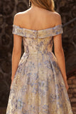 Dusty Blue Off the Shoulder Jacquard A Line Corset Prom Dress