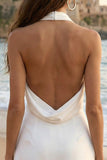 Satin Ivory Halter Neck Ruched Asymmetrical Mini Rehersal Dinner Dress with Slit