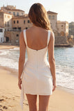 Tulle Ivory Corset Square Neck Ruched Bodycon Mini Graduation Dress with Ruffles