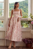 Blush Jacquard A Line Square Neck Midi Dress with Lace Up Back