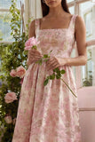 Blush Jacquard A Line Square Neck Midi Dress with Lace Up Back