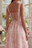 Blush Jacquard A Line Square Neck Midi Dress with Lace Up Back