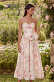 Pink White Flower A-Line Printed Strapless Midi Dress with Bowknot