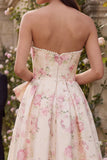Pink White Flower A-Line Printed Strapless Midi Dress with Bowknot