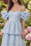Blue Jacquard A-Line Off the Shoulder Tiered Midi Dress