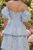 Blue Jacquard A-Line Off the Shoulder Tiered Midi Dress