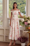 Pink White Flower A-Line Off the Shoulder Midi Dress