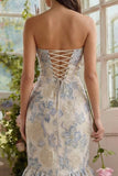 Dusty Blue Jacquard Mermaid Sweetheart Midi Dress