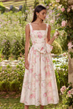 Pink White Flower A-Line Square Neck Midi Dress with Bowknot