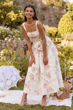 Pink White Flower A-Line Square Neck Midi Dress with Bowknot