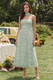 Dusty Sage Printed Chiffon Spaghetti Straps A-Line Midi Dress