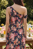 Black Pink Flower A-Line One Shoulder Midi Satin Dress