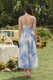 White Blue Flower Corset A-Line Tulle Spaghetti Straps Midi Dress