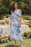 White Blue Flower A-Line Tulle Off the Shoulder Corset Midi Dress with Slit