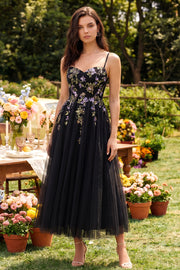 Black Appliqued A-Line Tulle Spaghetti Straps Midi Wedding Guest Dress