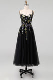 Black Appliqued A-Line Tulle Spaghetti Straps Midi Wedding Guest Dress
