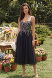 Black Appliqued A-Line Tulle Spaghetti Straps Midi Wedding Guest Dress
