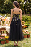 Black Appliqued A-Line Tulle Spaghetti Straps Midi Wedding Guest Dress
