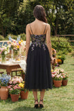 Black Appliqued A-Line Tulle Spaghetti Straps Midi Wedding Guest Dress
