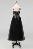 Black Appliqued A-Line Tulle Spaghetti Straps Midi Wedding Guest Dress