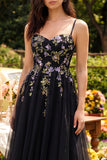 Black Appliqued A-Line Tulle Spaghetti Straps Midi Wedding Guest Dress