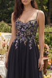 Black Appliqued A-Line Tulle Spaghetti Straps Midi Wedding Guest Dress